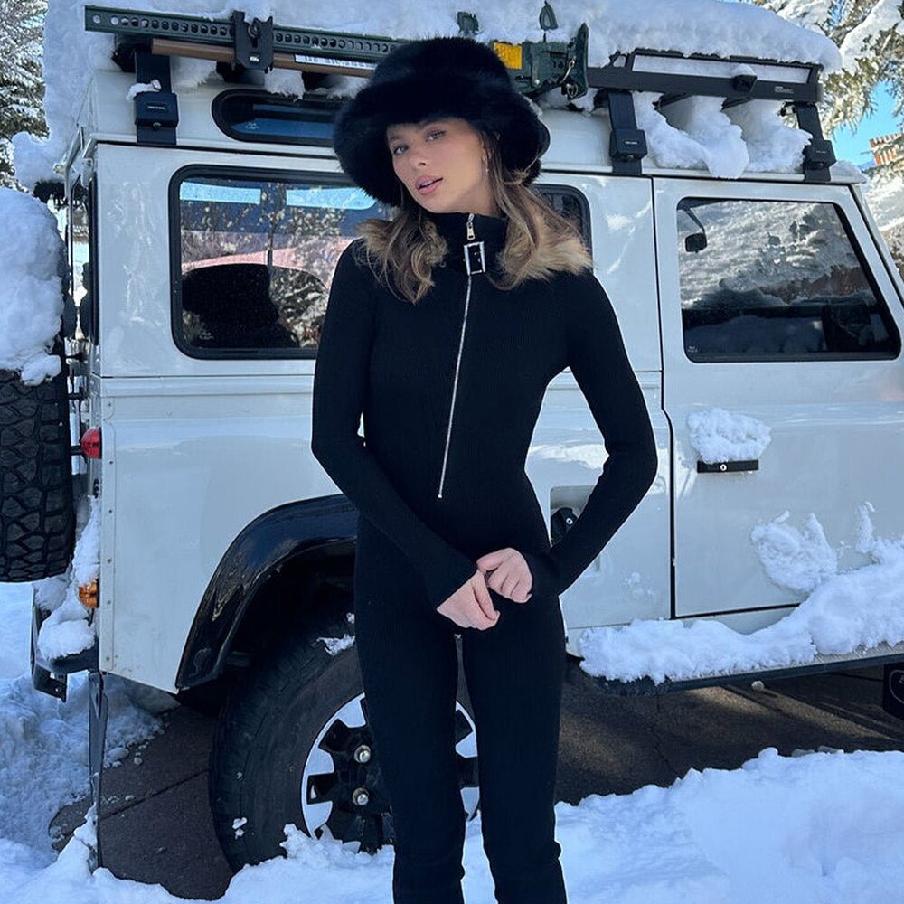 12th Tribe Apres Faux Fur Trimmed Black Ribbed Knit Jumpsuit Size XSXS